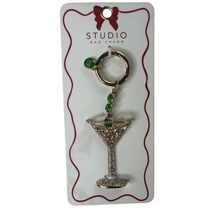 Studio Bag Charm Martini Cocktail Glass Rhinestone Keychain Gold Tone